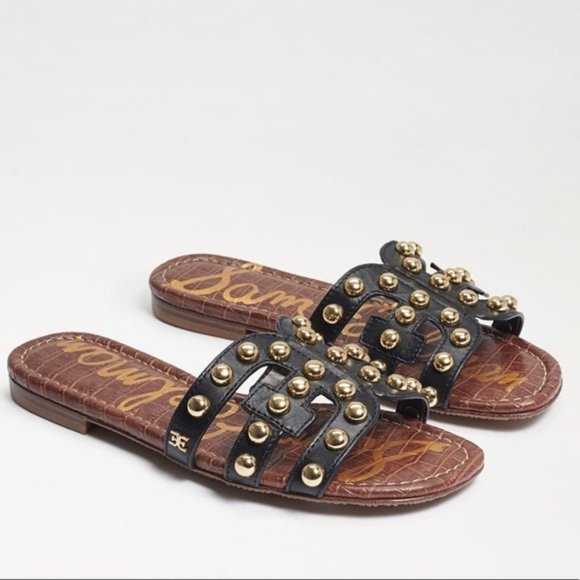 Sam Edelman Shoes - Sam Edelman Bay 14 Gold Studded Slide Sandals in Black Leather